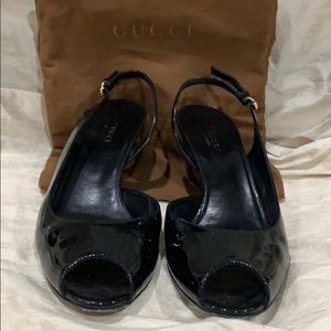 Gucci Black Patent Leather Slingback Wedges Sz 7.5